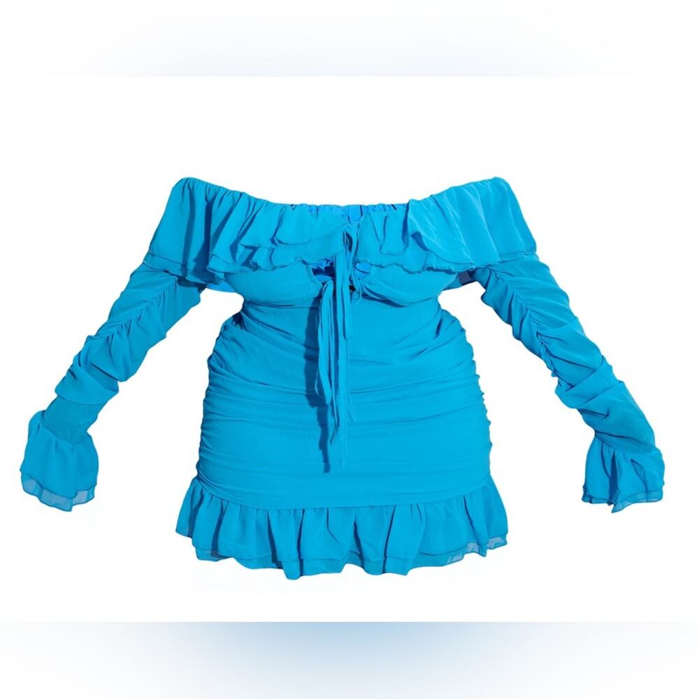 PrettyLittleThing Plus Cobalt Blue Bardot Ruched Ruffle Mini Dress 20 NWT